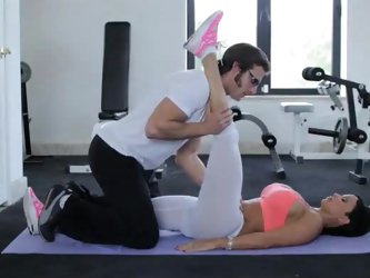 Amazing Brunette Chick Has A Training Session With Her Fitness Instructor. Training Turns To A Hot Sex Right In The Gym.