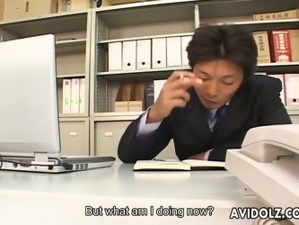 During An Important Business Meeting Salty Japanese Cutie Kneels Down To Give A Blowjob To Kinky Boss In Steamy Sex Video That Take Place In Office By