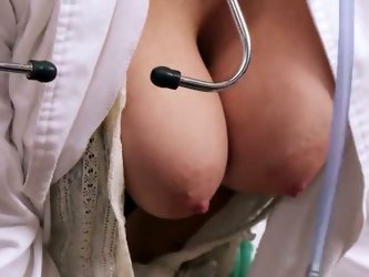 Sex-insane Blond Babe Wearing Sexy Medical Coat Enjoys Riding Sybian. Then She Blows Juicy Cock That Belongs To One Lucky Dude. Be Sure That This New 