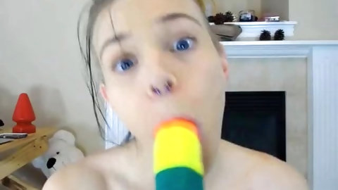 Slim Camwhore Slamming Herself Down On Her Rainbow Suction Dildo