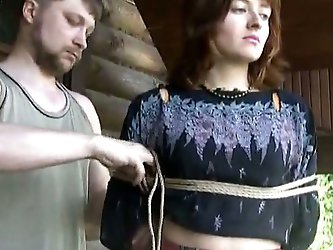 That Russian Guy Ties Up His Amateur Lady To The Wooden Post Outside And Stuffs A Black Pump In Her Asshole. He Had To Tear Apart Her Nylon Pantyhose