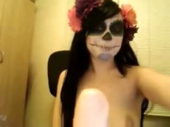 It Must Be Halloween Since This Sexy Gf Has Her Face Made Up Like A Scary But Sexy. She Gets Nude And Shows Her Pussy With The Pubic Line Running Down