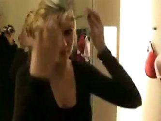 A Couple Gets Down And Dirty In A Store's Change Room. A Beautiful Blonde With A Thin Body And Nice Round Titties Gets Down On Her Knees And Suck