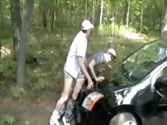 I Got My Ass Roughly Fucked In The Woods, Against The Car In This Amateur Gay Porn Video. We Didn't Have Lube So We Fucked With Spit Only And I C